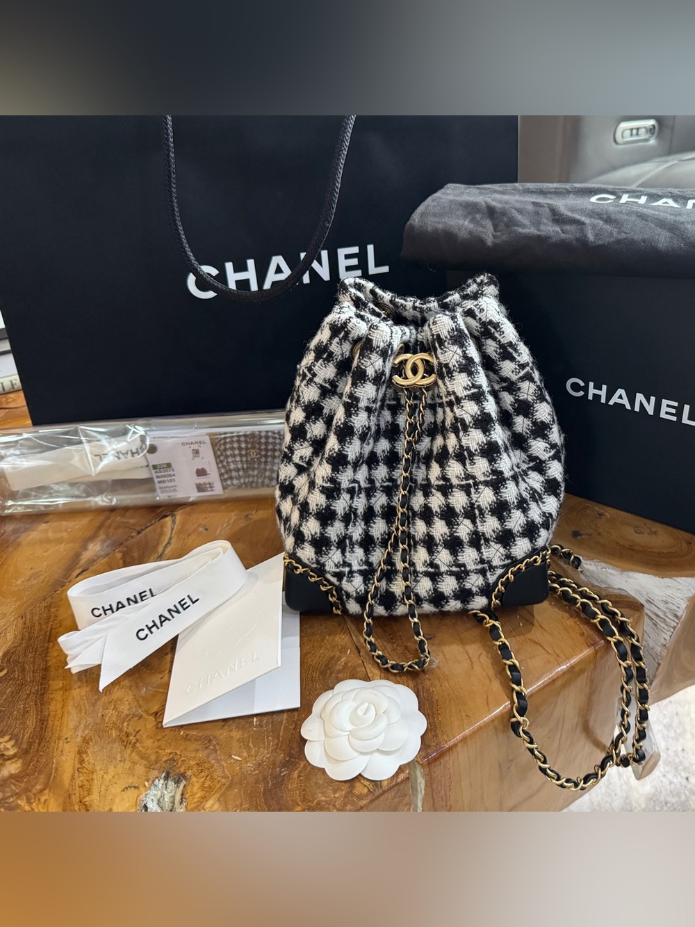 CHANEL Black & White Houndstooth Tweed Drawstring Bucket Bag 2022